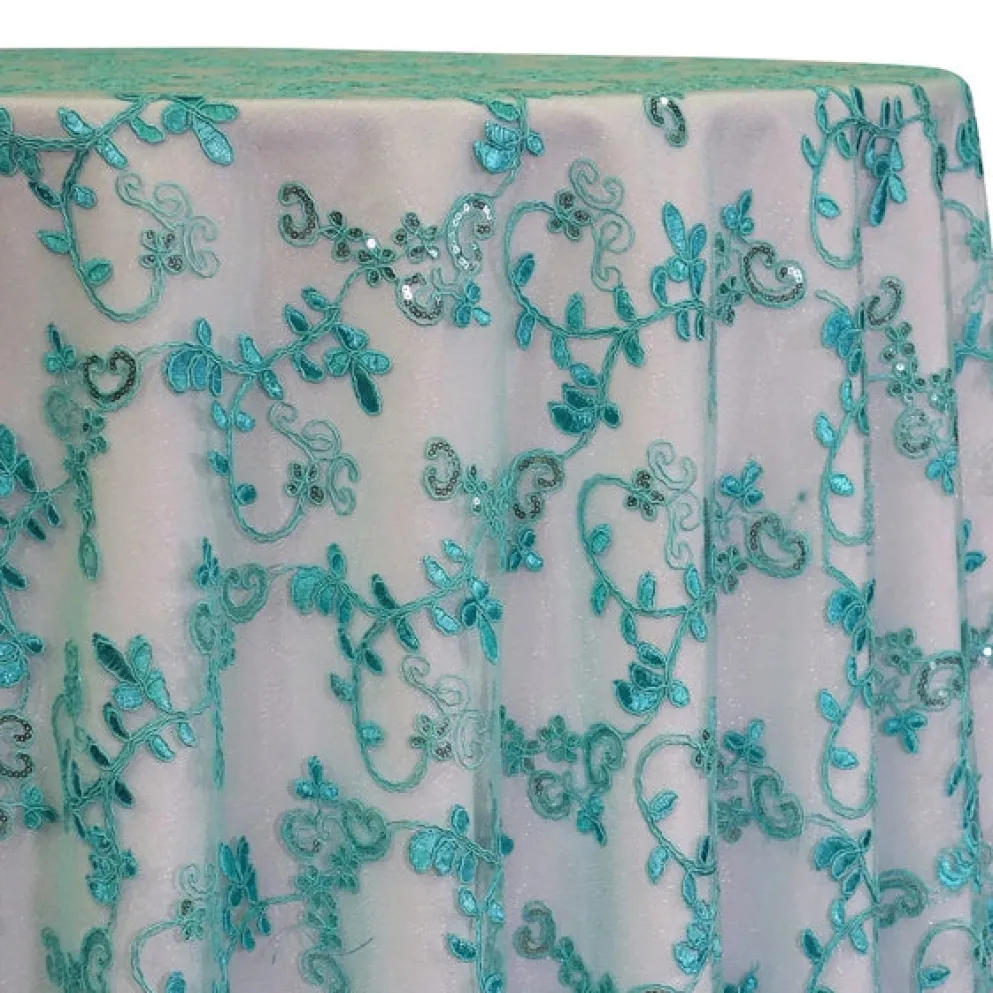 Basil Leaf Embroidery Table Linen in Teal Green
