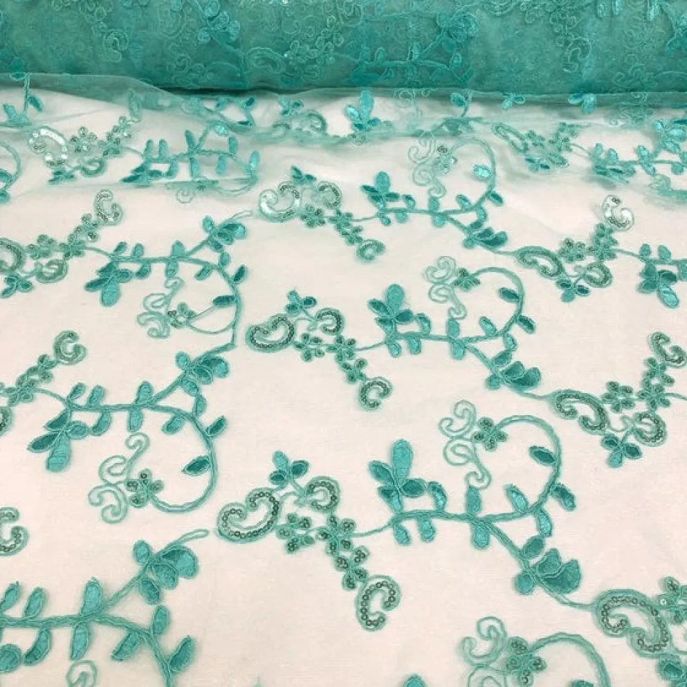 Basil Leaf Embroidery Table Linen in Teal Green