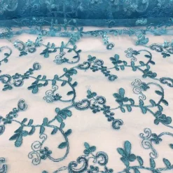 Basil Leaf Embroidery Table Linen in Turquoise