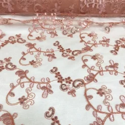 Basil Leaf Embroidery Table Runner in Coral