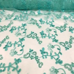 Basil Leaf Embroidery Table Runner in Teal Green