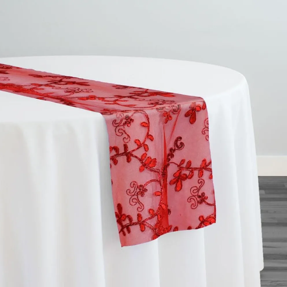 Basil Leaf Embroidery Table Runner in Red
