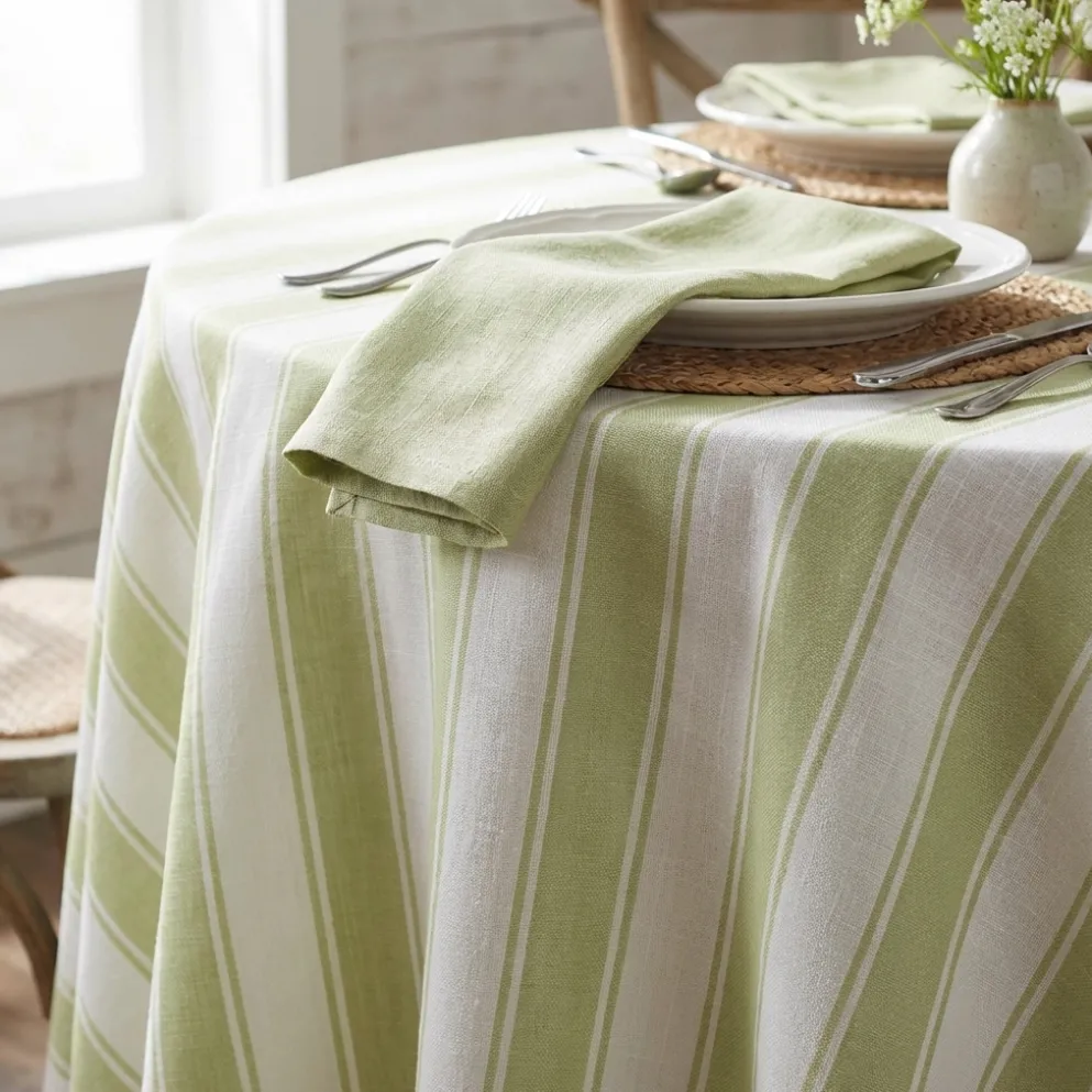 Cabana Stripe (Slub Print) Table Linen in Sage / White