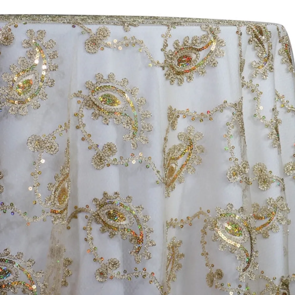 Cocoa Paisley Embroidery Table Linen in Champagne