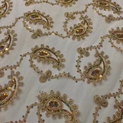 Cocoa Paisley Embroidery Table Linen in Champagne