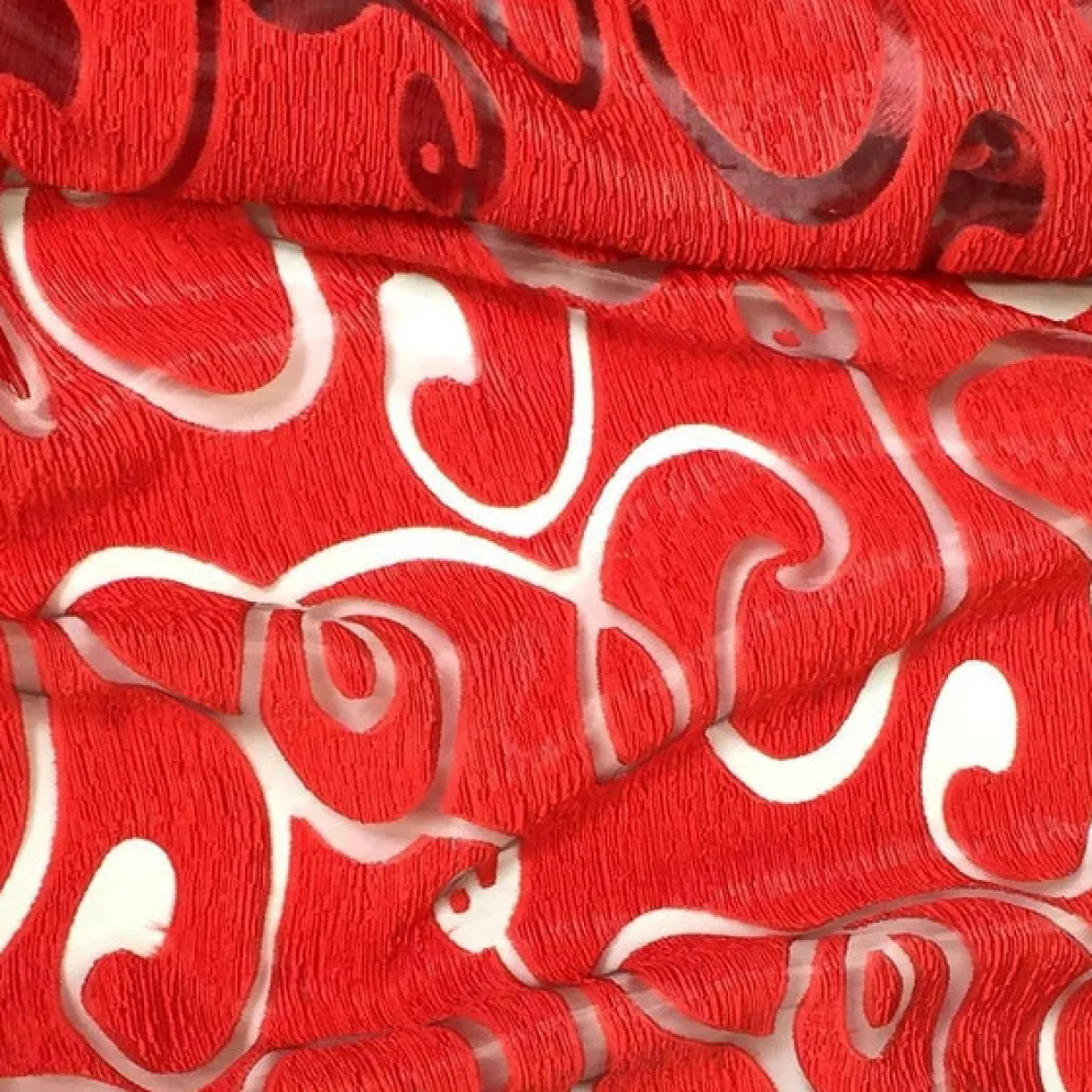 Contempo Scroll Sheer Table Linen in Red