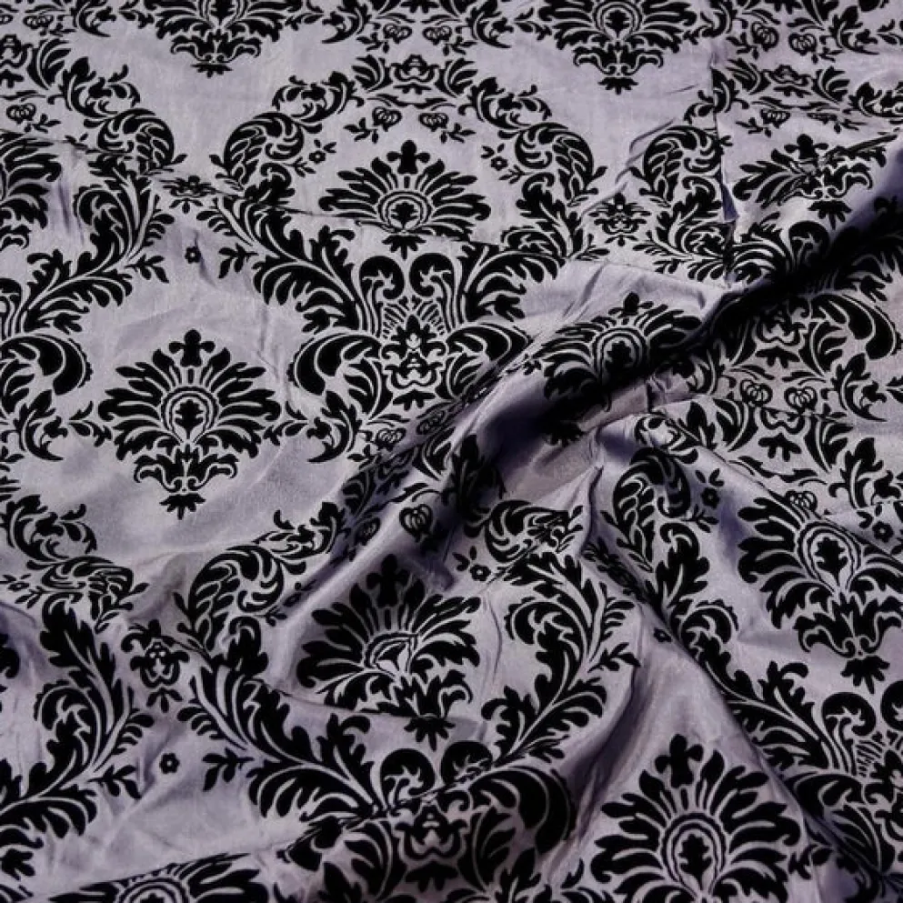 Damask Flocking Taffeta Table Linen in Black on Silver