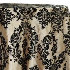 Damask Flocking Taffeta Table Linen in Black on Ivory