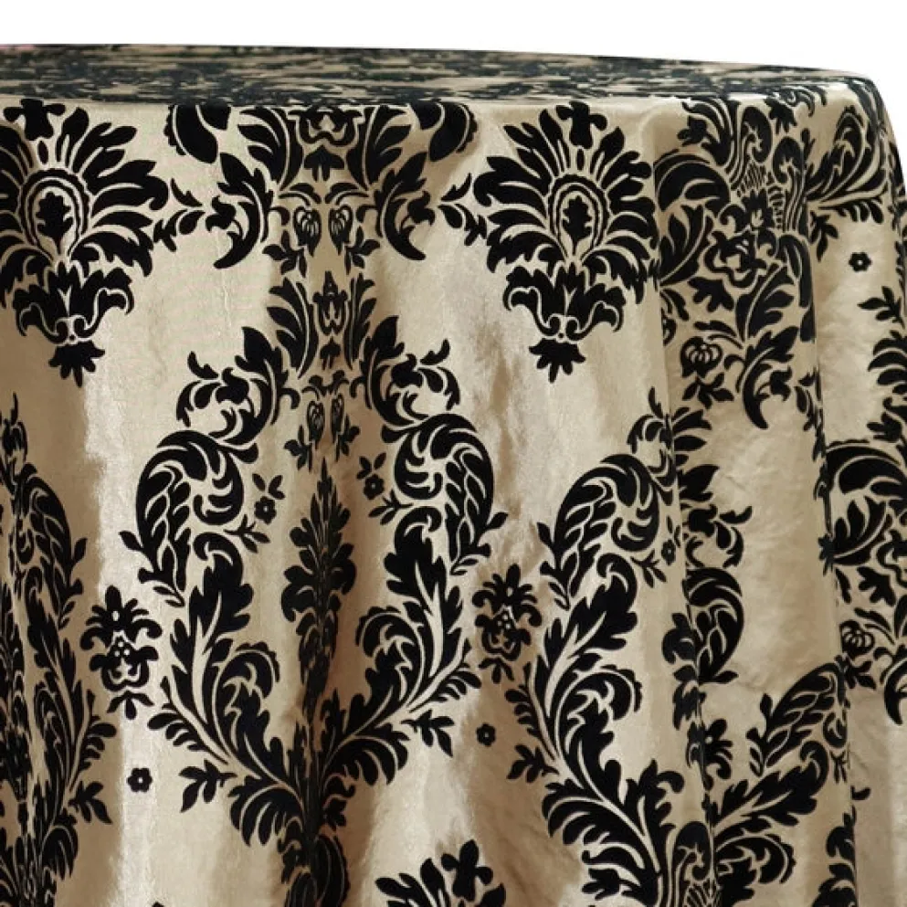 Damask Flocking Taffeta Table Linen in Black on Ivory