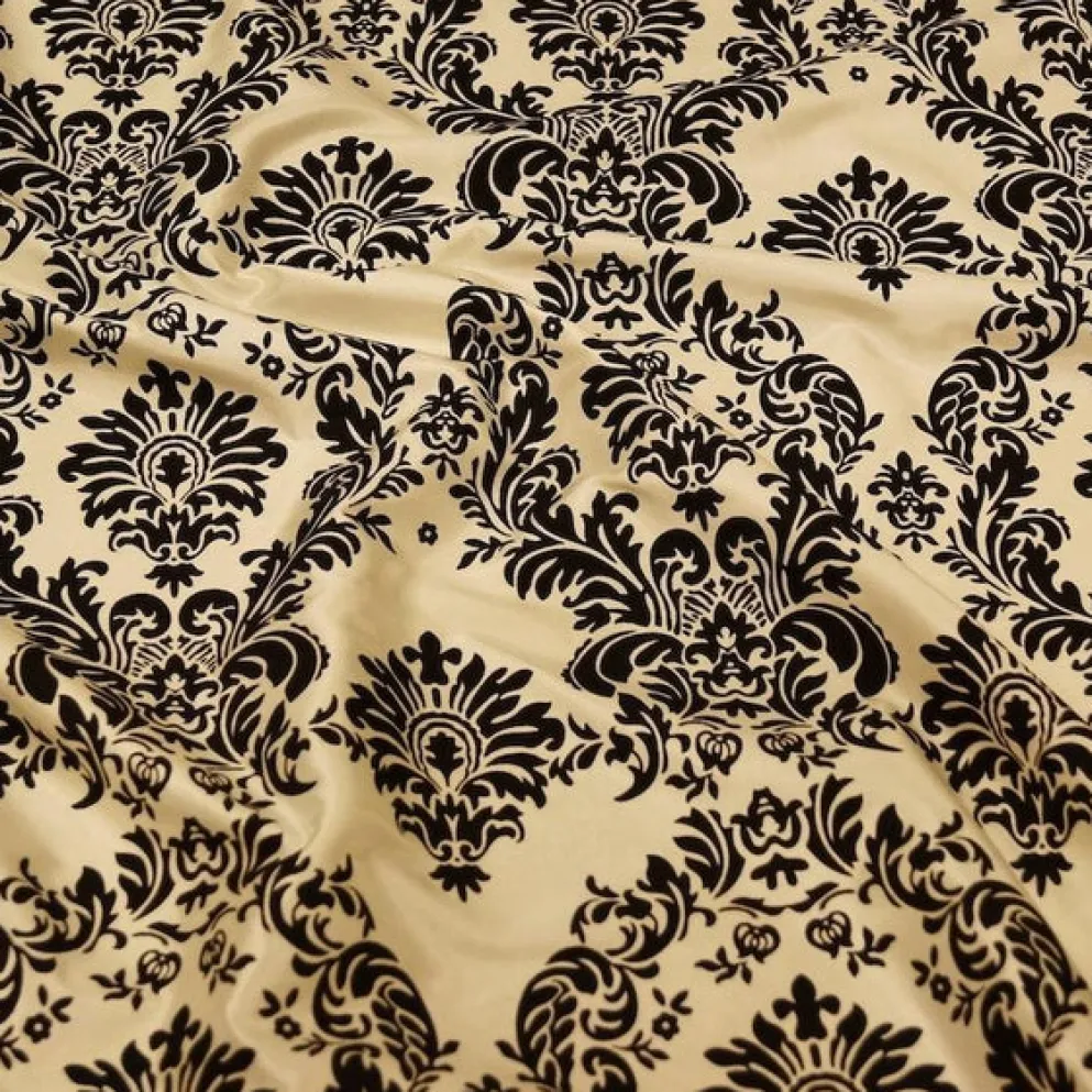 Damask Flocking Taffeta Table Linen in Black on Ivory