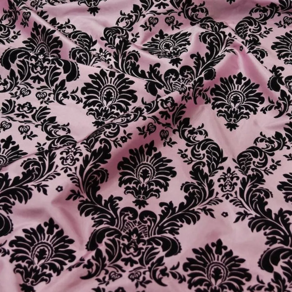 Damask Flocking Taffeta Table Linen in Black on Pink