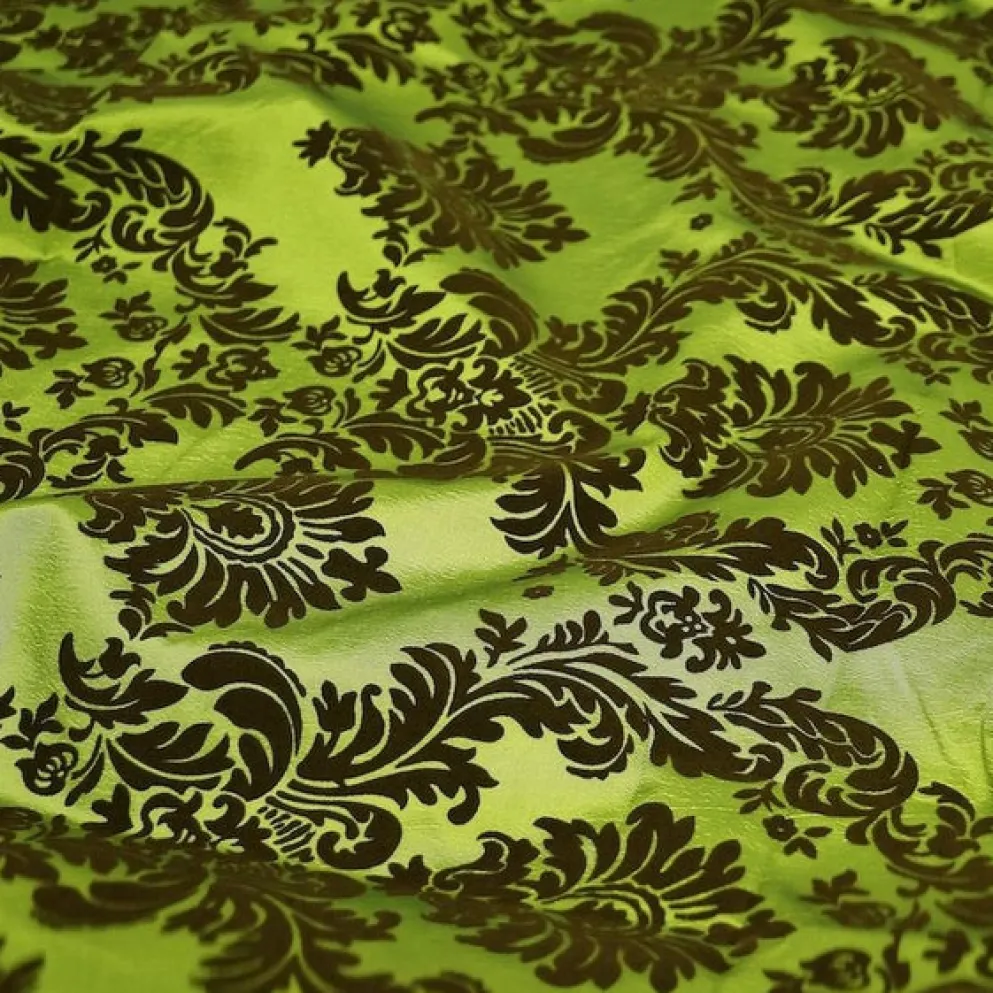 Damask Flocking Taffeta Table Linen in Brown on Olive
