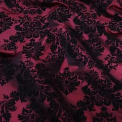 Damask Flocking Taffeta Table Linen in Black on Burgundy