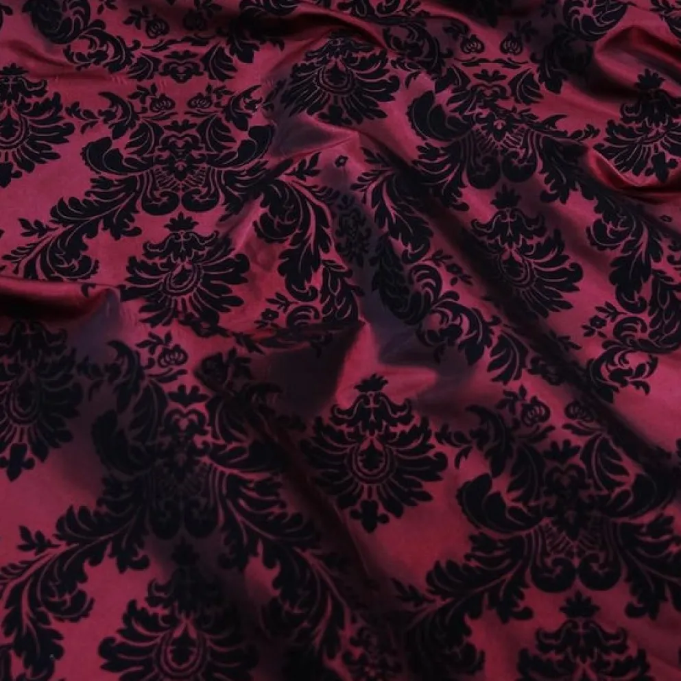 Damask Flocking Taffeta Table Linen in Black on Burgundy