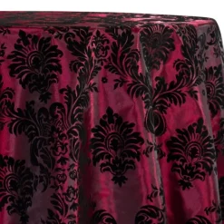 Damask Flocking Taffeta Table Linen in Black on Burgundy