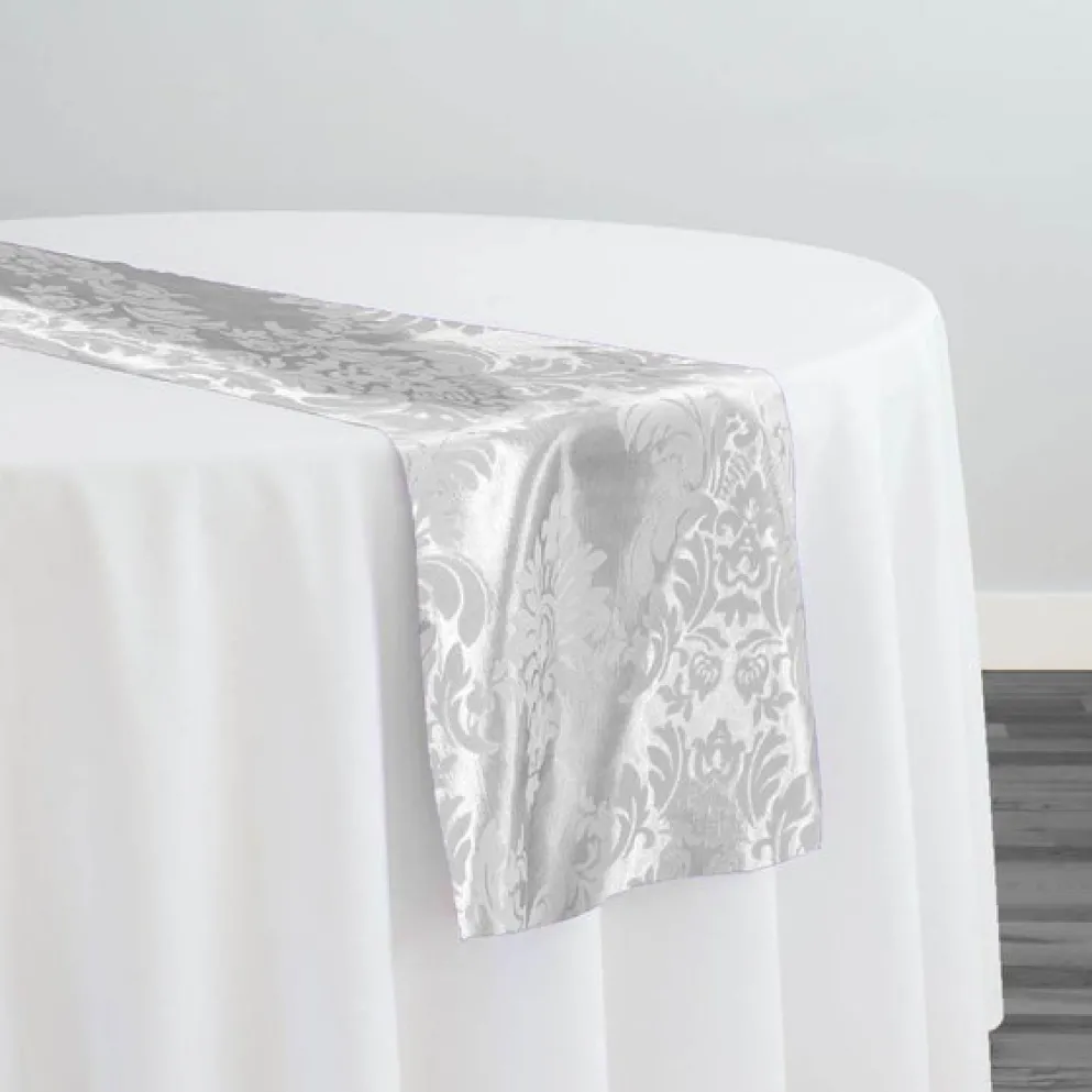 Damask Flocking Taffeta Table Runner in White on White