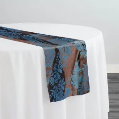 Damask Flocking Taffeta Table Runner in Turquoise on Brown