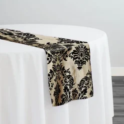 Damask Flocking Taffeta Table Runner in Black on Ivory