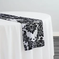 Damask Flocking Taffeta Table Runner in Black on White