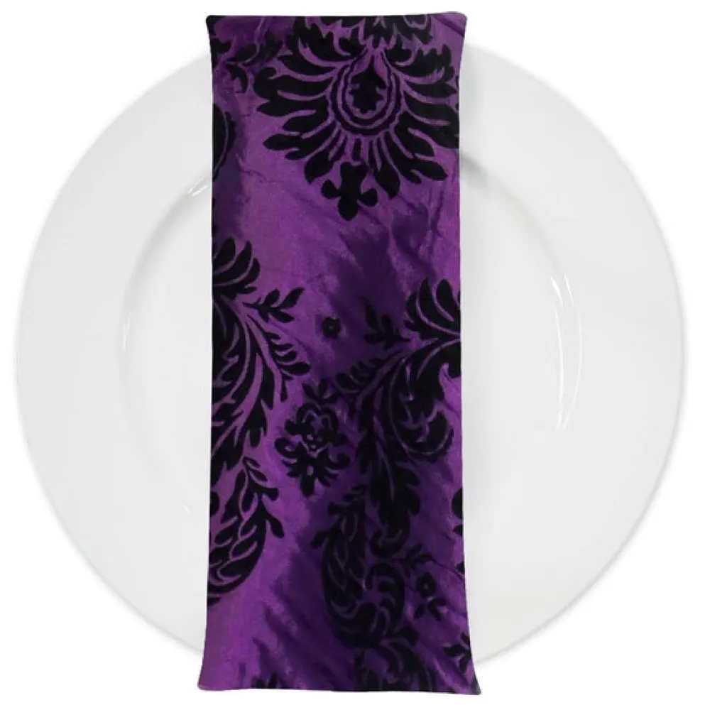 Damask Flocking Taffeta Table Napkin in Black on Purple