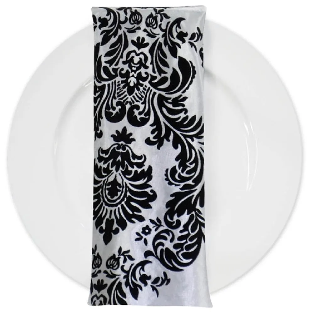 Damask Flocking Taffeta Table Napkin in Black on White