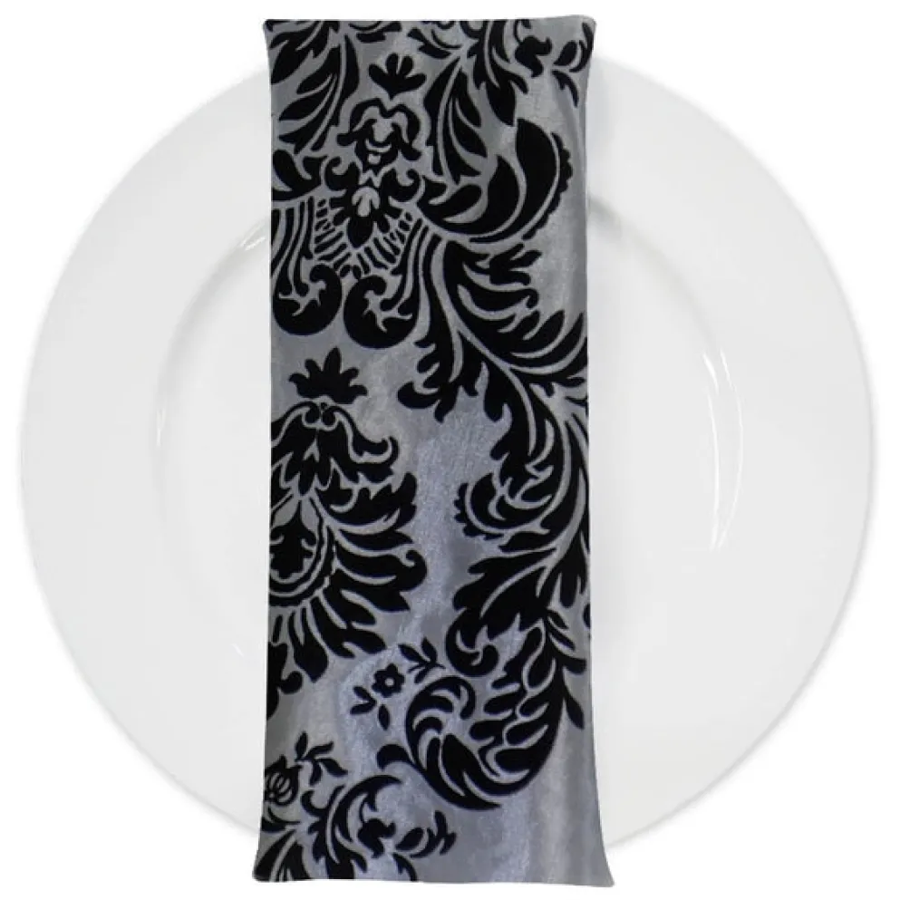 Damask Flocking Taffeta Table Napkin in Black on Silver