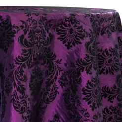 Damask Flocking Taffeta Table Linen in Black on Plum