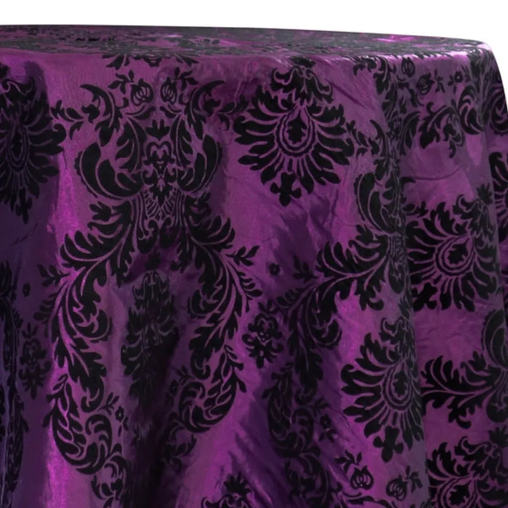 Damask Flocking Taffeta Table Linen in Black on Plum