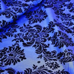 Damask Flocking Taffeta Table Linen in Black on Royal