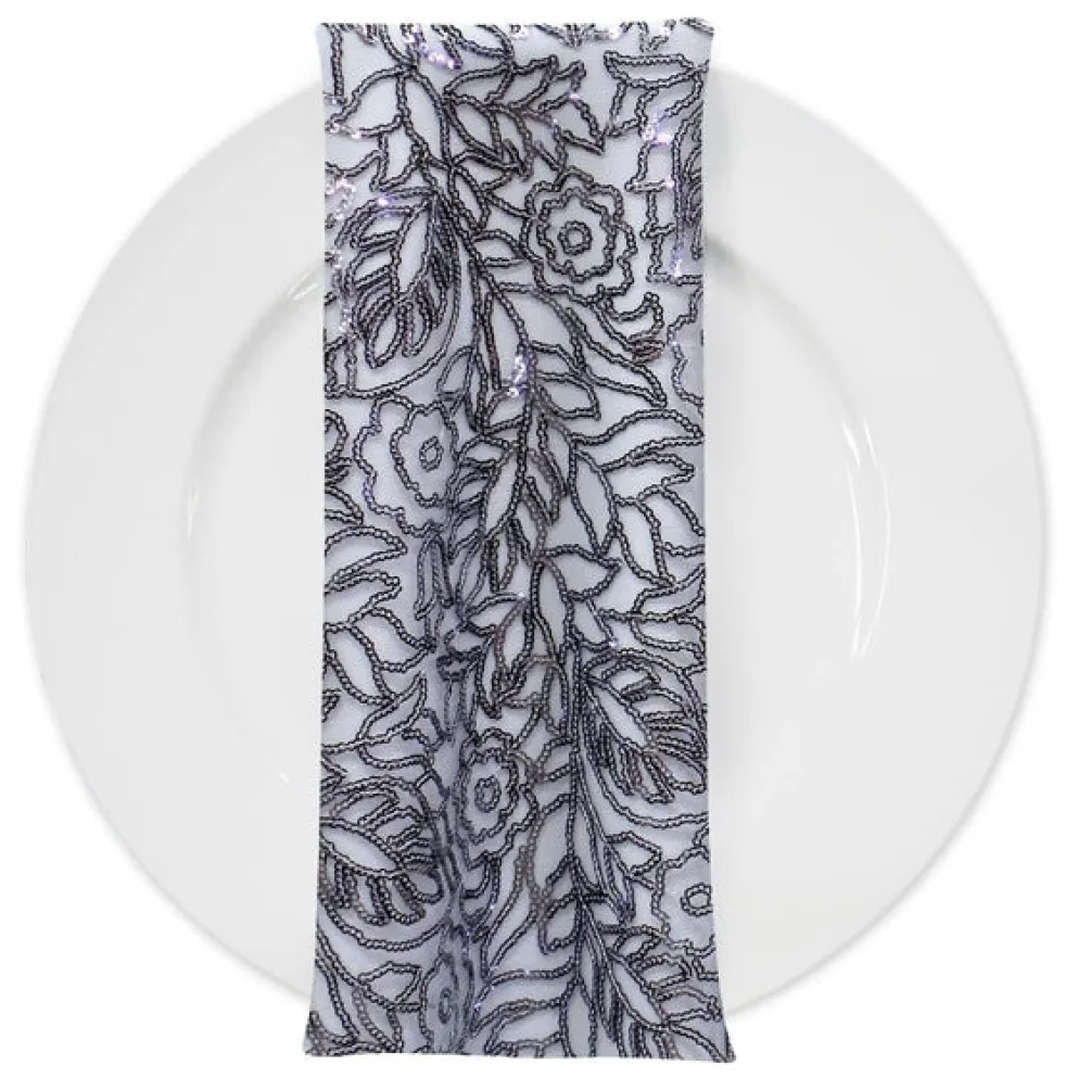 Fiori Leaf Sequins (w/ Poly Lining) Table Napkin in Grey