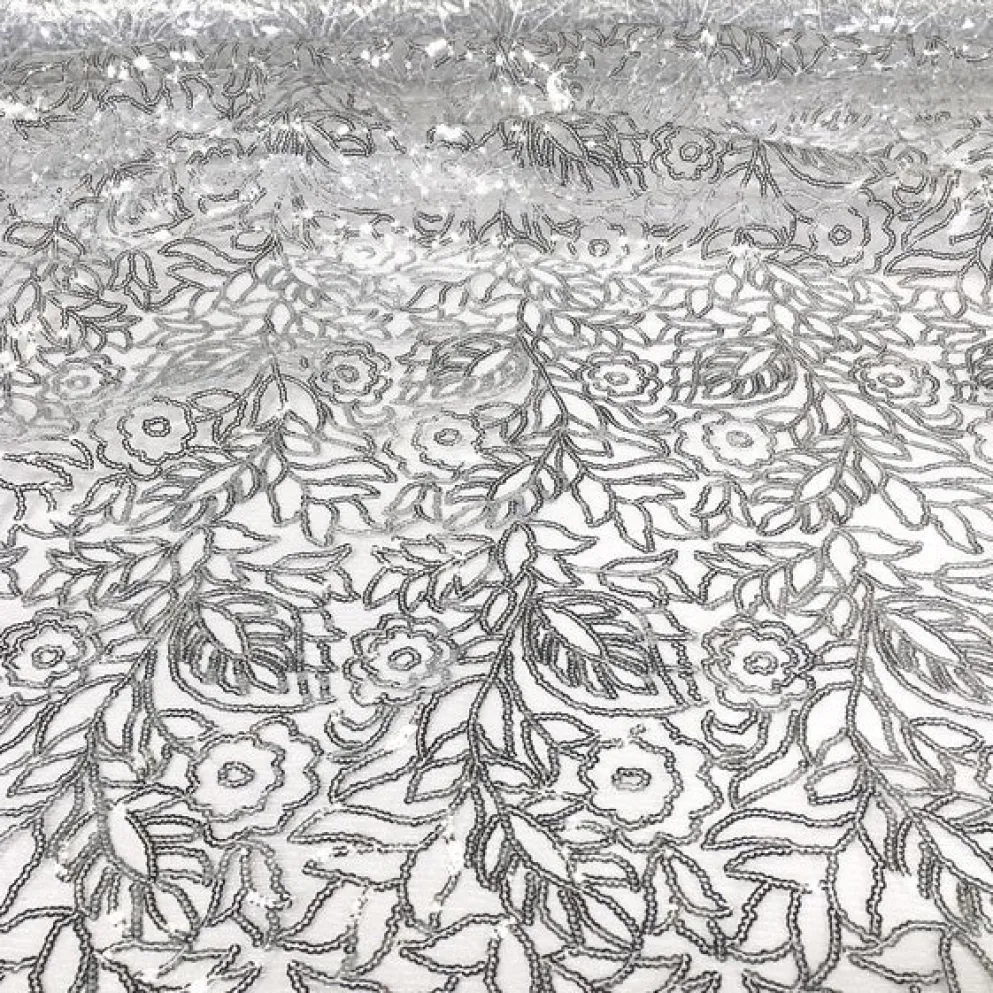 Fiori Leaf Sequins (w/ Poly Lining) Table Napkin Silver