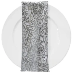 Fiori Leaf Sequins (w/ Poly Lining) Table Napkin Silver