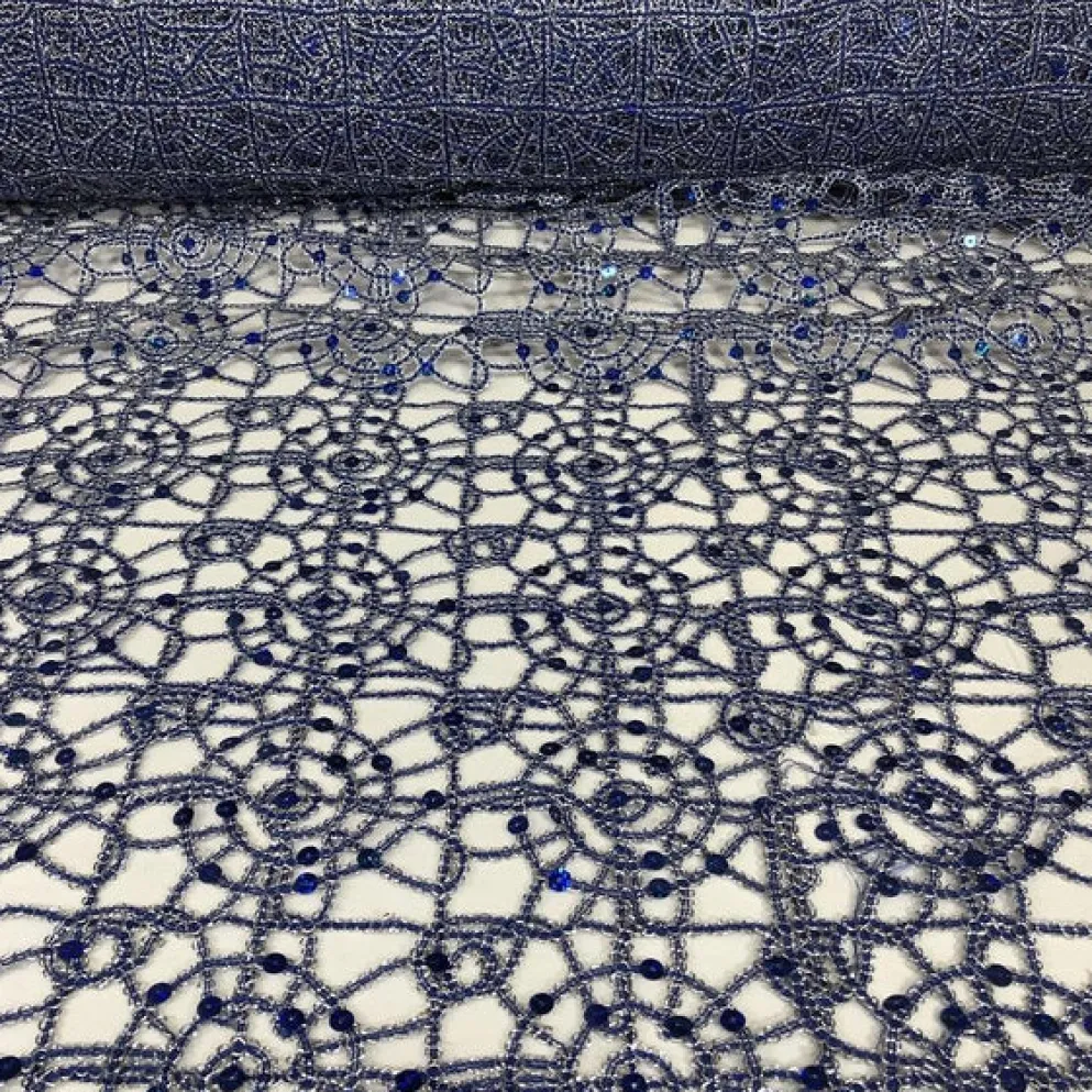 Flower Chain Lace Table Linen in Navy and Silver