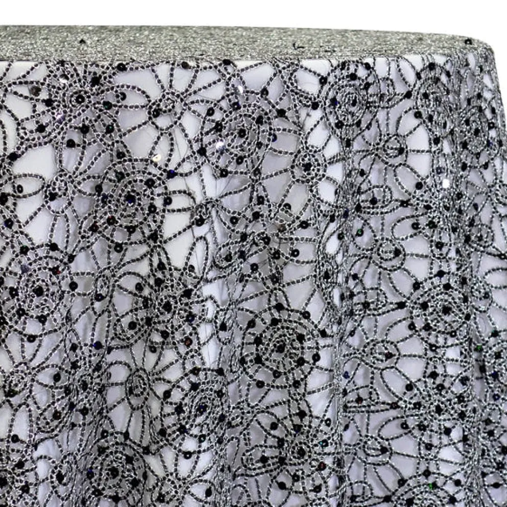 Flower Chain Lace Table Linen in Black and Silver