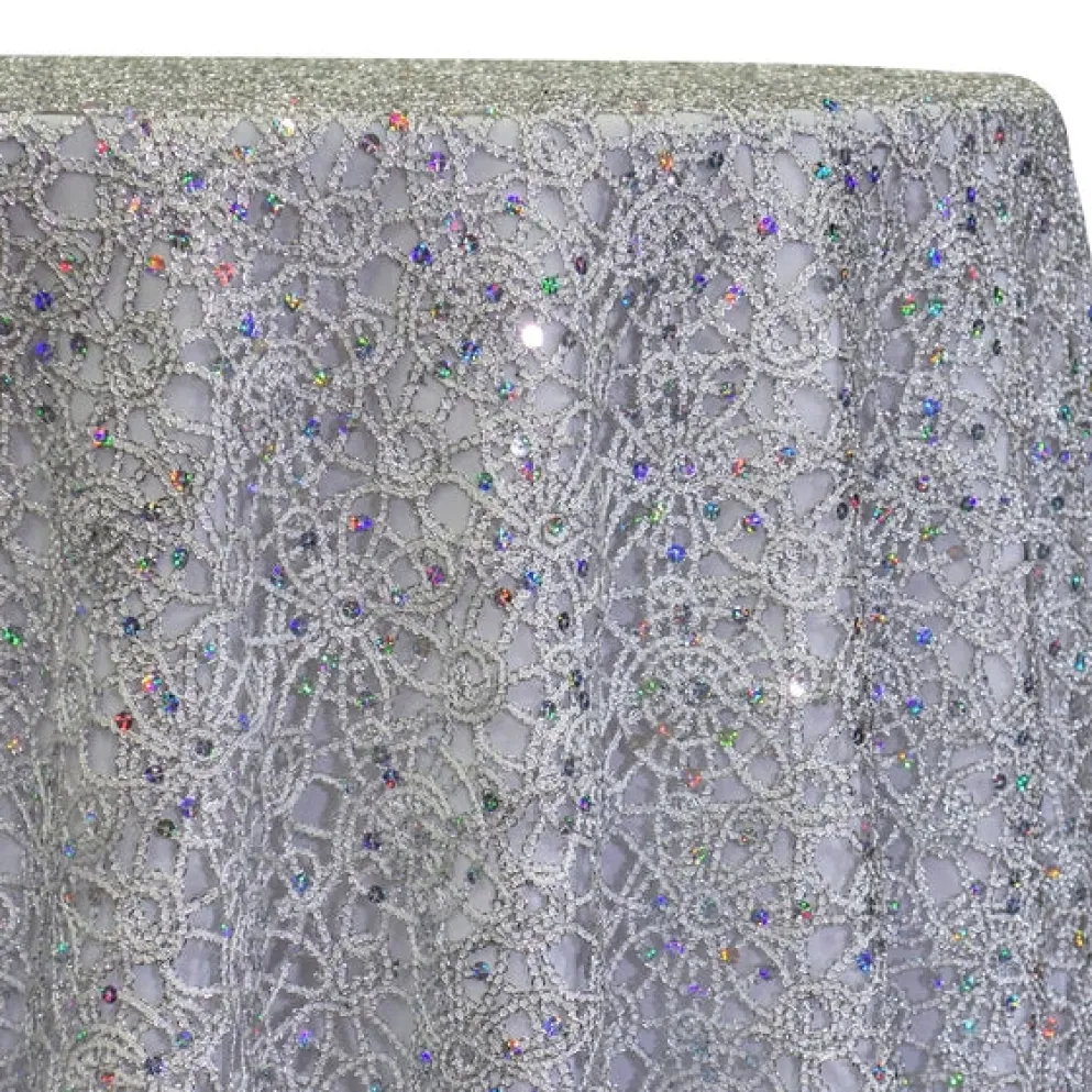 Flower Chain Lace Table Linen in Silver and White