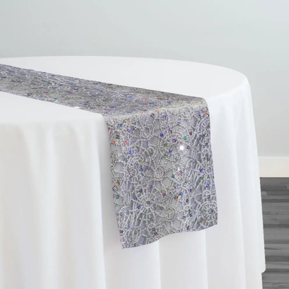 Flower Chain Lace Table Runner in Silver and White
