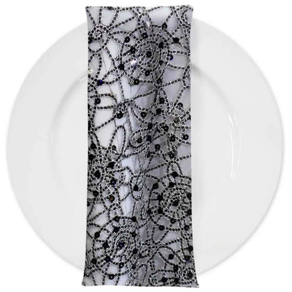 Flower Chain Lace (w/ Poly Lining) Table Napkin in Black and Silver