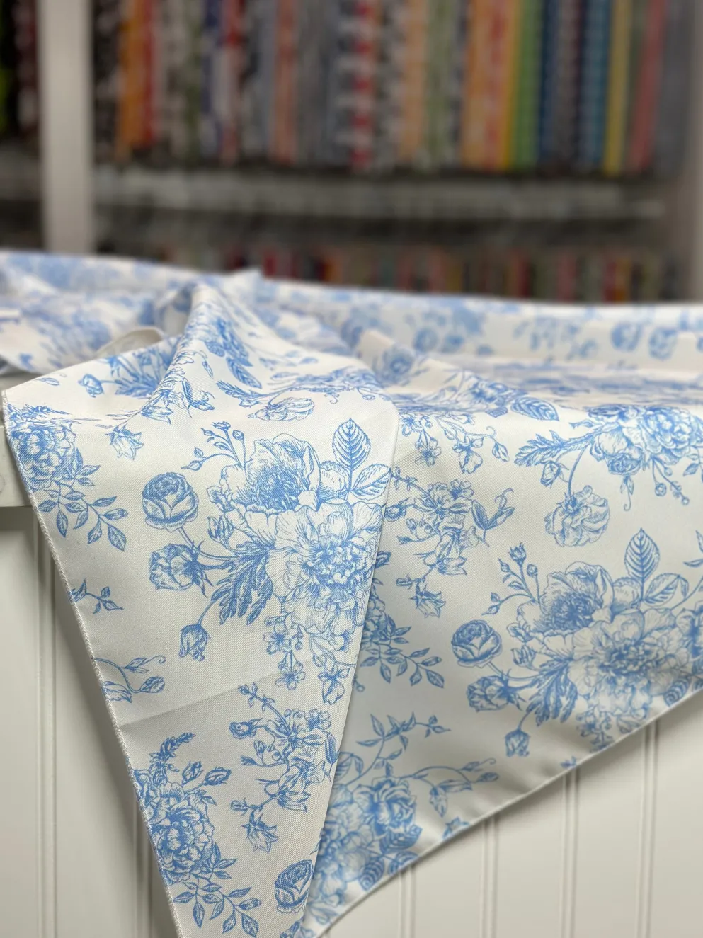 French Toile (Poly Print) Table Linen in Lt Blue