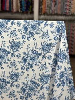 French Toile (Poly Print) Table Linen in Royal Blue
