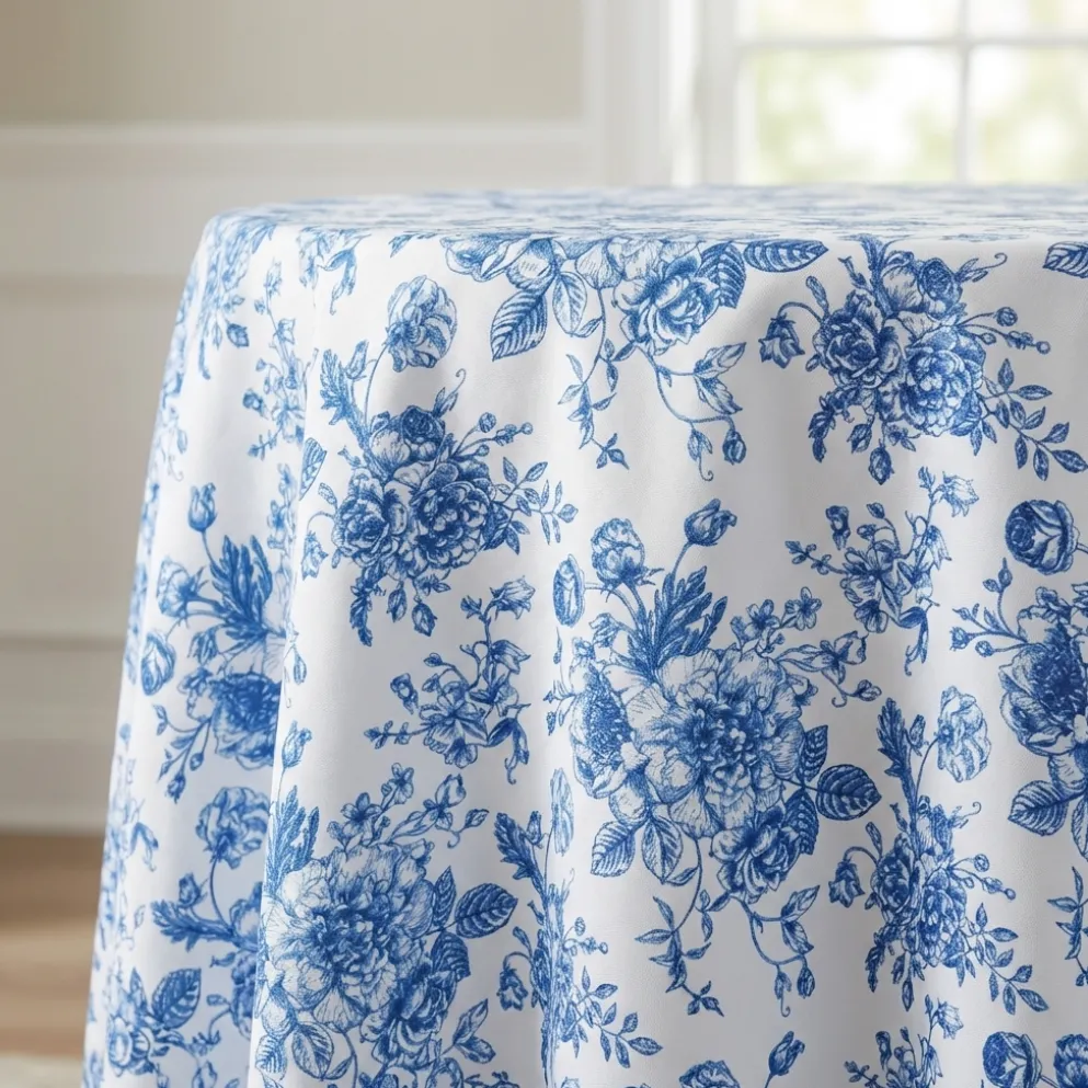 French Toile (Poly Print) Table Linen in Royal Blue