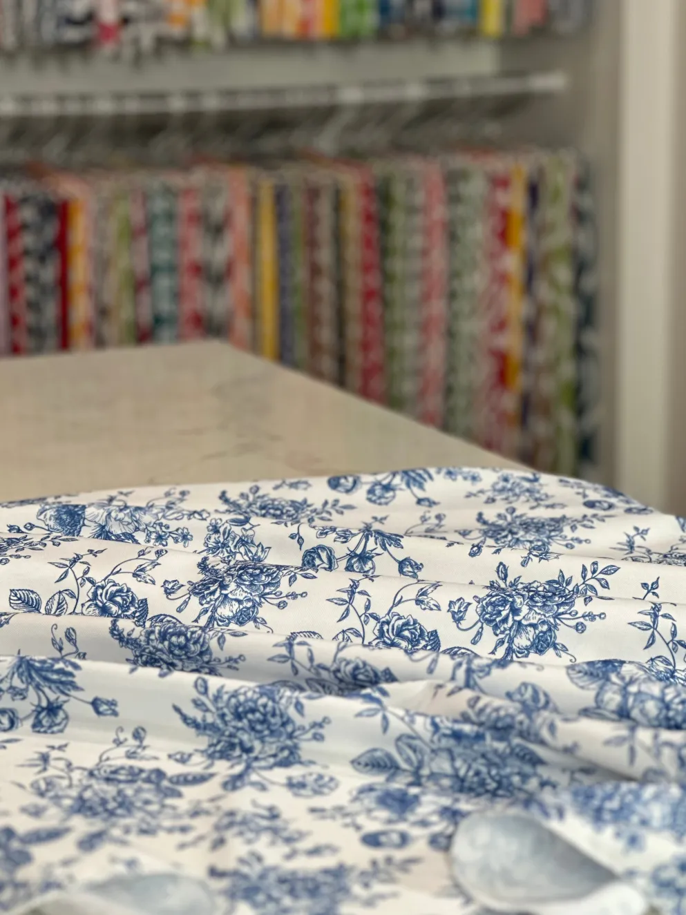 French Toile (Poly Print) Table Linen in Royal Blue