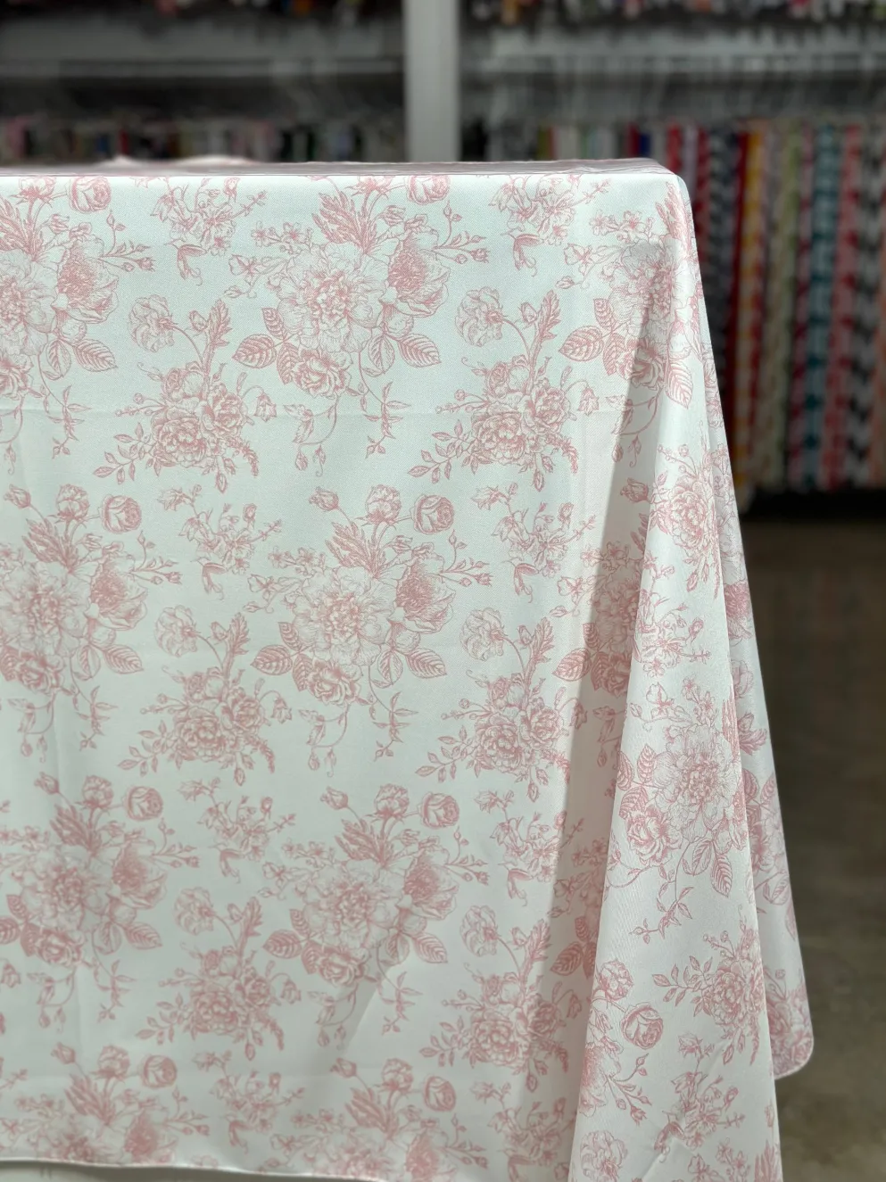 French Toile (Poly Print) Table Linen in Dusty Rose