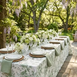 French Toile (Poly Print) Table Linen in Willow Green