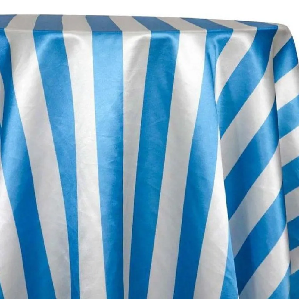 1pc - 2" Satin Stripe Table Linen 120" Round - White and Turquoise