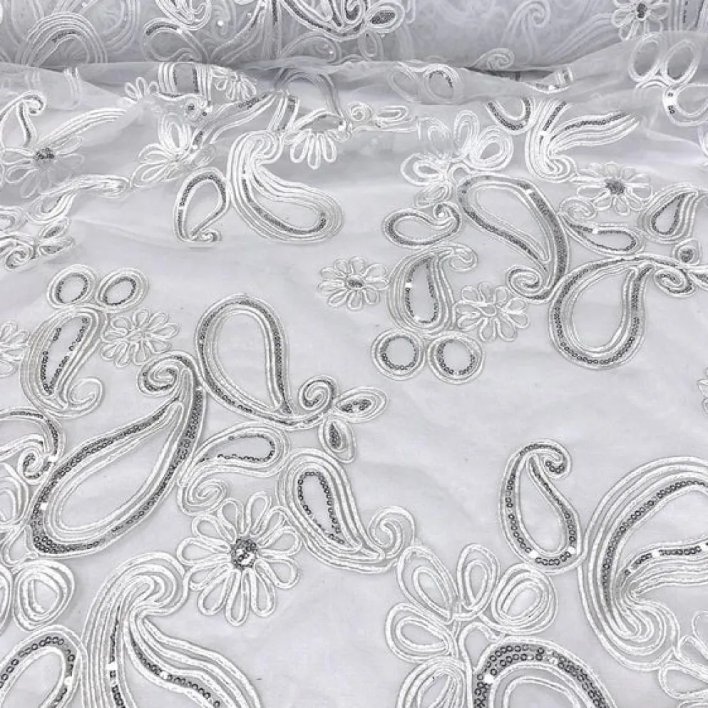 10pcs - Paisley Floret Sequins Table Runner 14"x120" - White