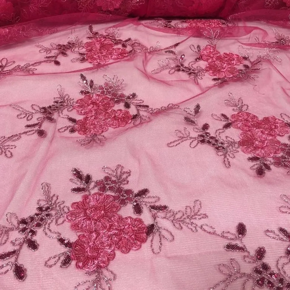 7pcs - Ribbon Mesh Lace Table Linen 132" Round - Fuchsia