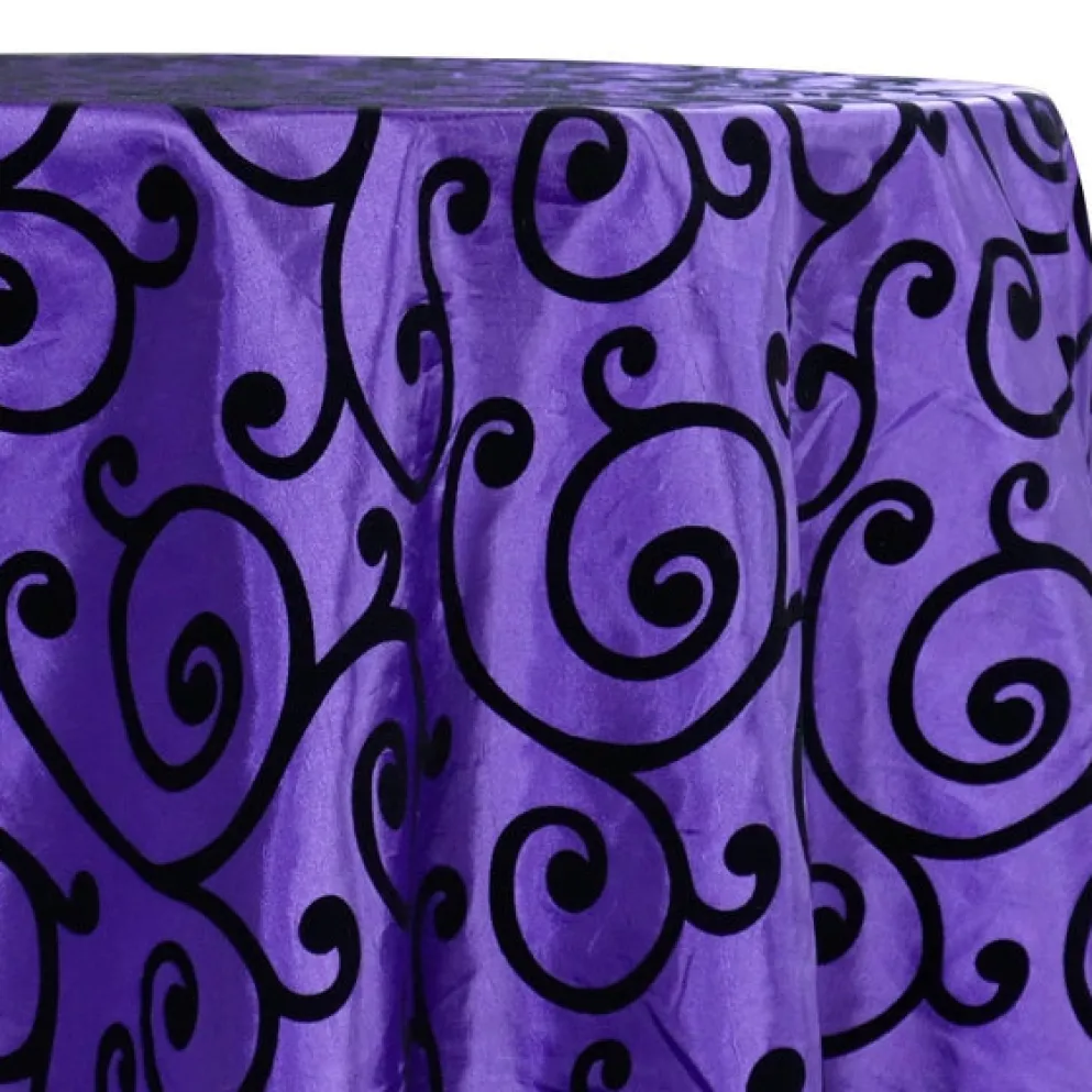 Swirl Flocking Taffeta Table Linen in Black on Purple