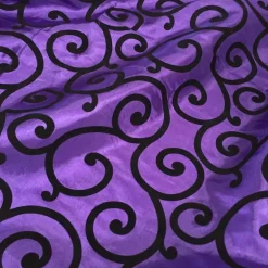 Swirl Flocking Taffeta Table Linen in Black on Purple