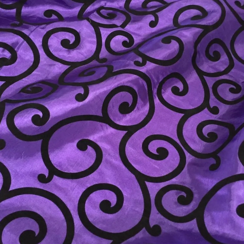 Swirl Flocking Taffeta Table Linen in Black on Purple