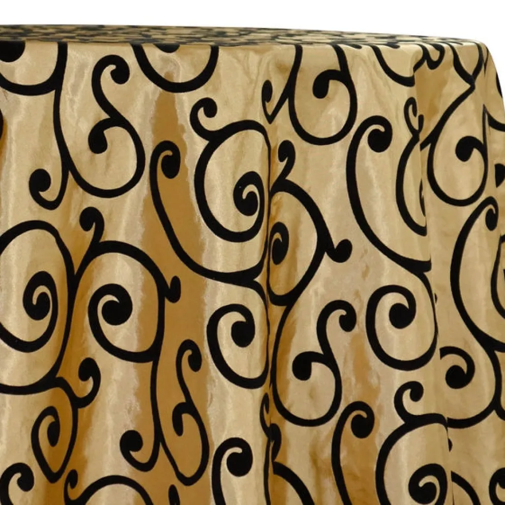 Swirl Flocking Taffeta Table Linen in Black on Gold
